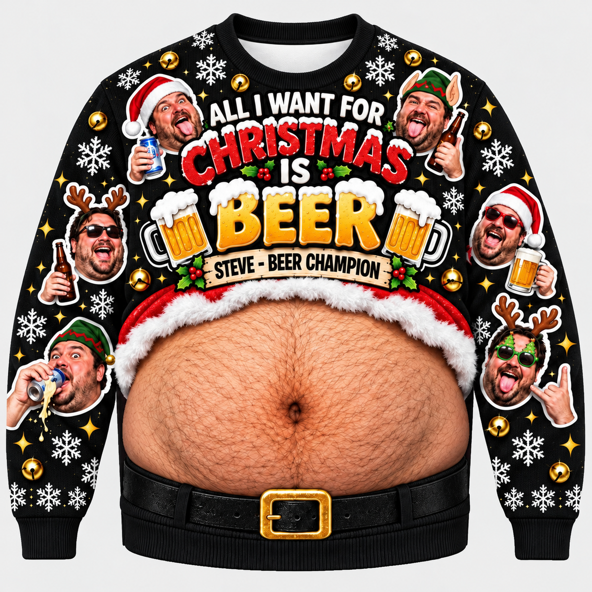 Beer Belly Christmas Sweatshirt Novelty Fake Hairy Stomach Pullover