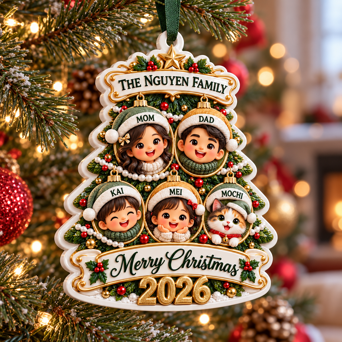 Christmas Tree Family of 5 with Pet Bauble Holiday Tree Hanging Keepsake - 3D Relief Ornament