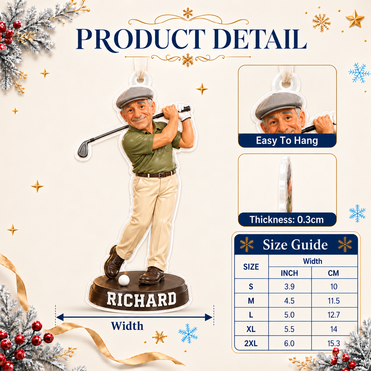 Male Golfer Figurine Acrylic Hanging Keepsake with Ribbon - 3D Relief Ornament