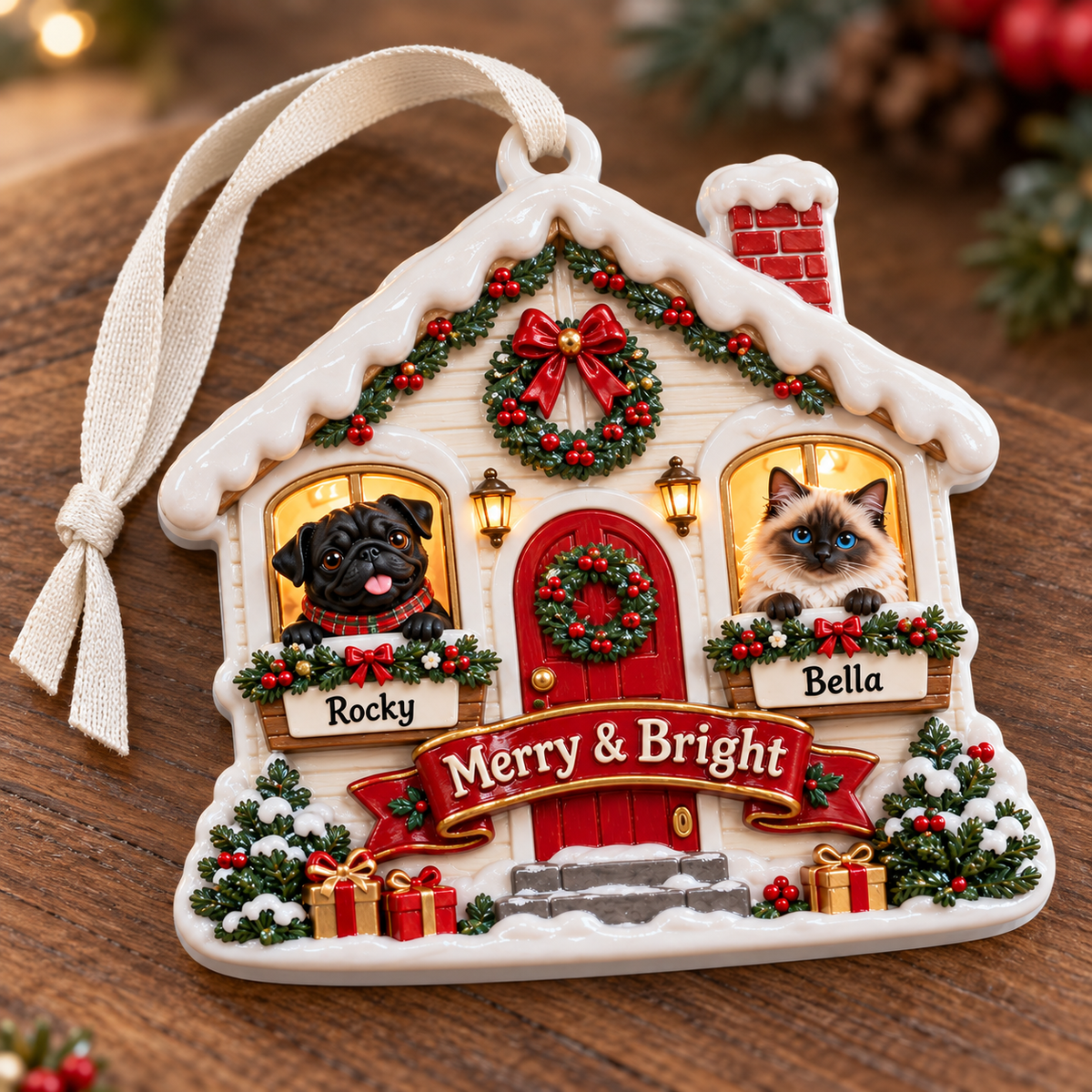 Winter Cottage Dog and Cat Holiday Keepsake Plaque - 3D Relief Ornament