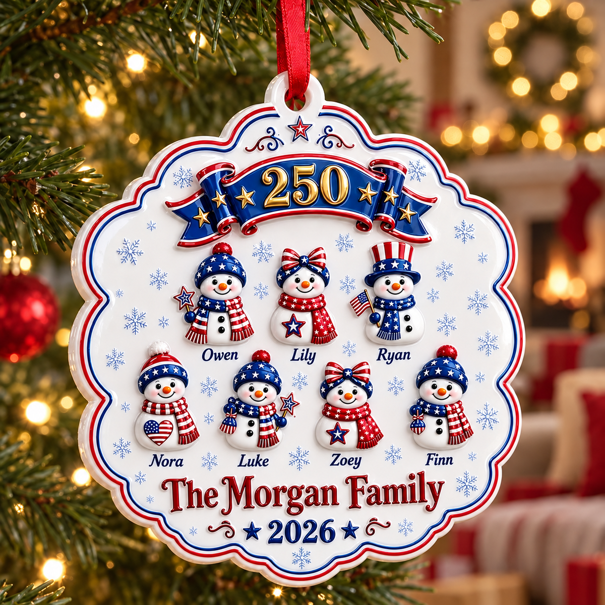 Patriotic Snowman Family of 5 America 250th Scalloped Christmas Hanging Keepsake - 3D Relief Ornament