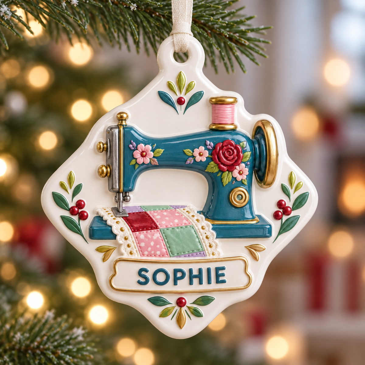 Teal Vintage Sewing Machine and Patchwork Quilt Plaque, Holiday Decor - 3D Relief Ornament