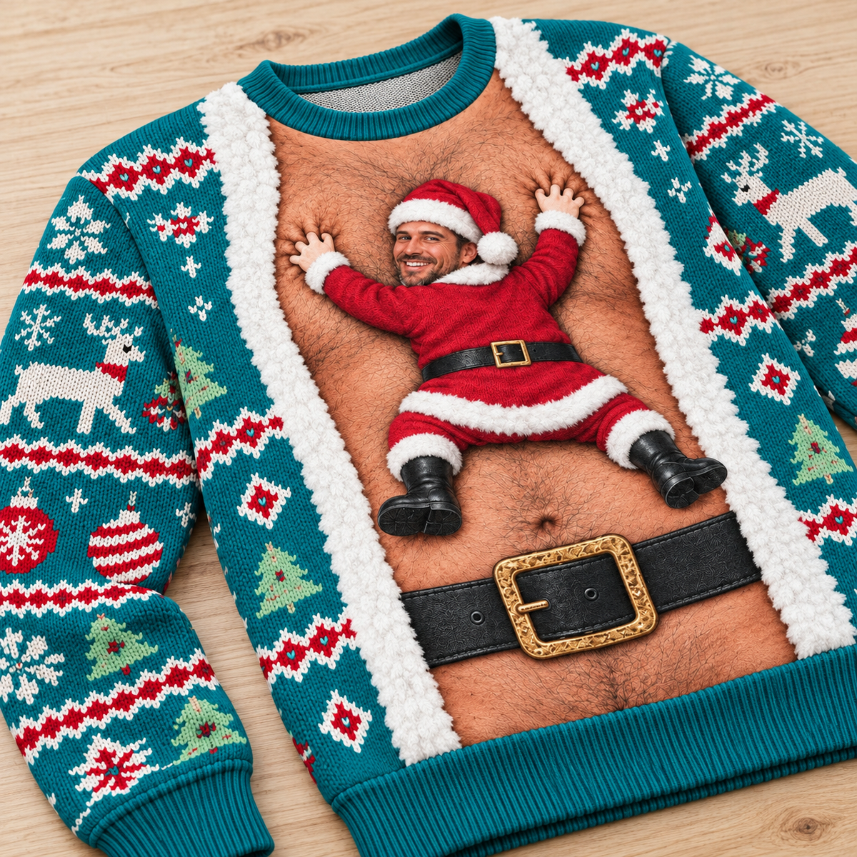Funny Christmas Sweatshirt Hairy Chest Santa Faux Cardigan Crewneck
