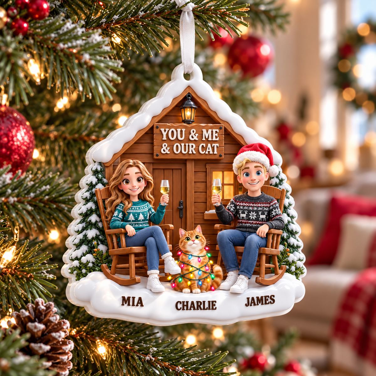 Couple and Cat Winter Log Cabin Porch Holiday Tree Hanging Keepsake - 3D Relief Ornament