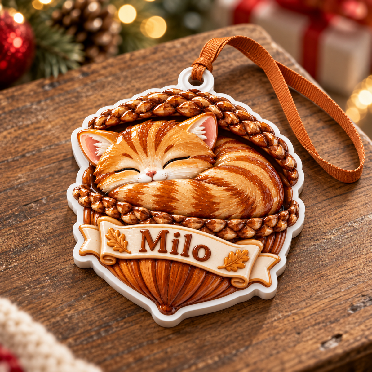Sleeping Orange Tabby Cat in Acorn Basket Acrylic Holiday Keepsake - 3D Relief Ornament