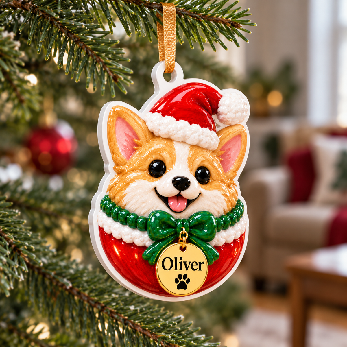 Corgi Dog in Santa Hat Christmas Tree Bauble Hanging Acrylic Keepsake - 3D Relief Ornament