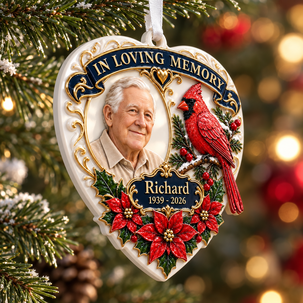Heart Memorial Keepsake with Red Cardinal and Poinsettia Accents - 3D Relief Ornament