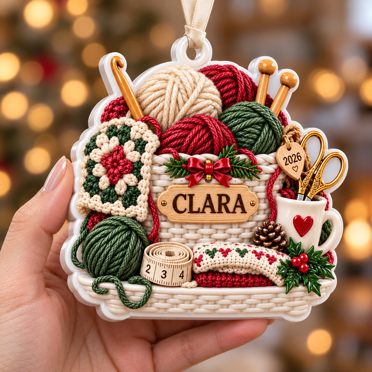 Crochet and Knitting Basket Yarn Balls Holiday Keepsake - 3D Relief Ornament