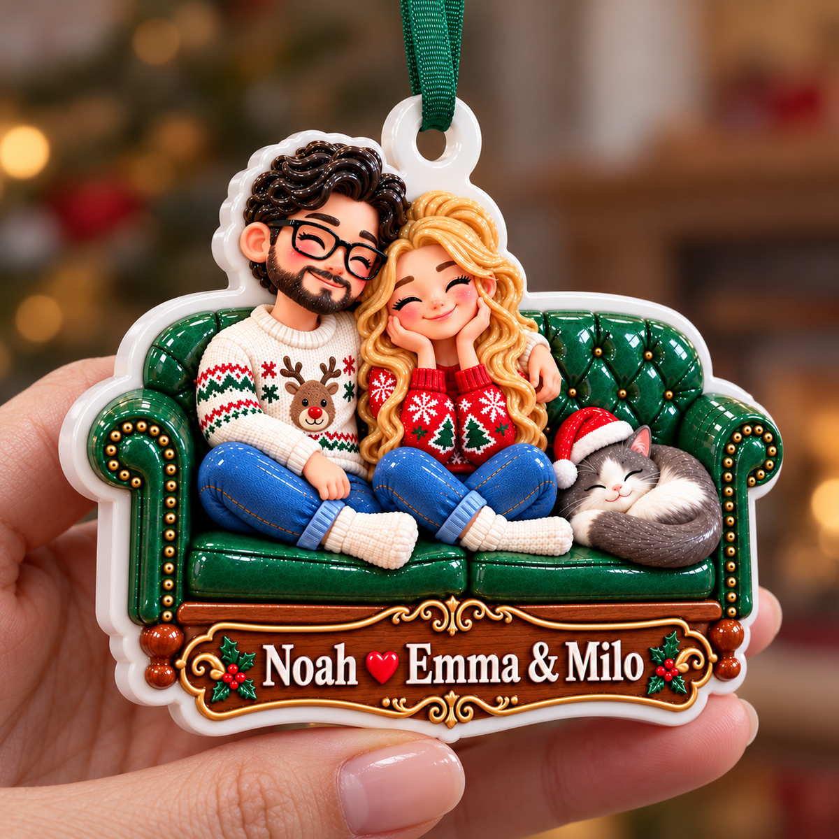 Couple with Cat on Green Tufted Sofa Acrylic Christmas Tree Hanging Decor - 3D Relief Ornament