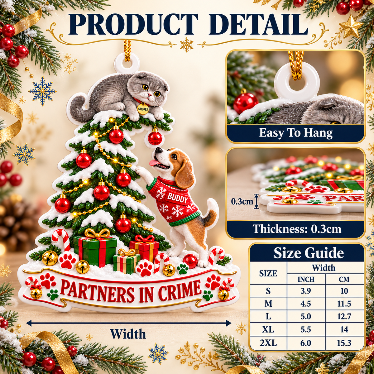 Dog and Cat Partners in Crime Christmas Tree Holiday Keepsake - 3D Relief Ornament