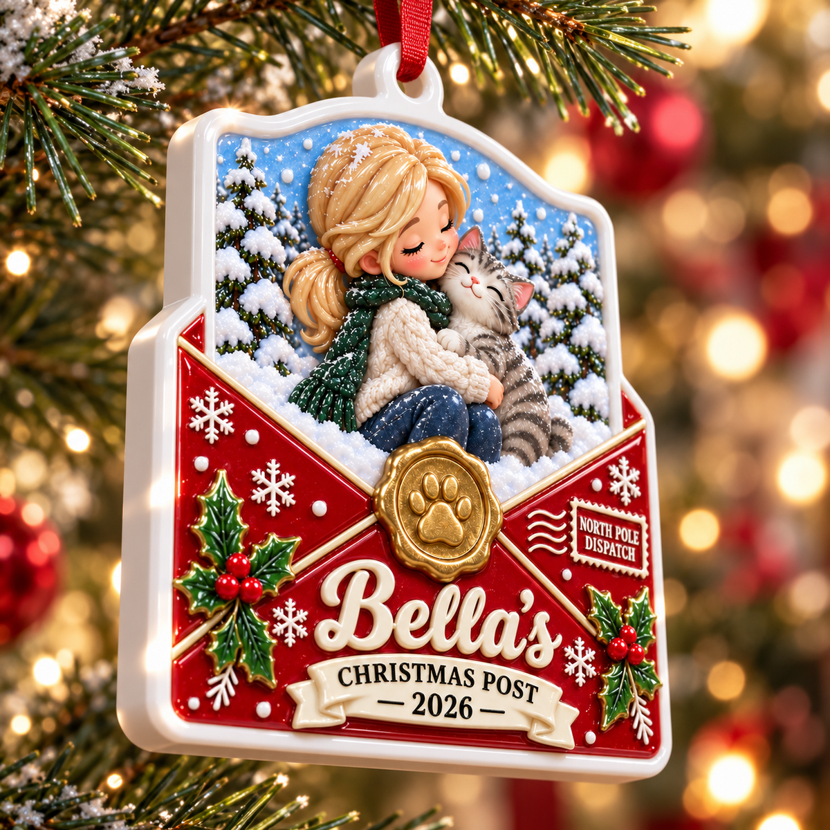 Christmas Red Envelope Winter Forest Scene with Pet Paw Wax Seal - 3D Relief Ornament