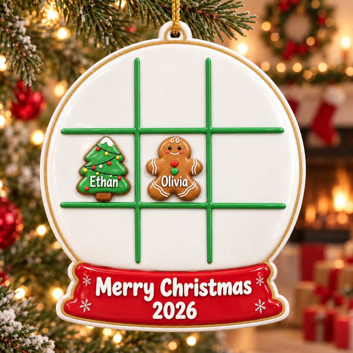 Christmas Tree and Gingerbread Man Tic Tac Toe Snow Globe Hanging Decor - 3D Relief Ornament
