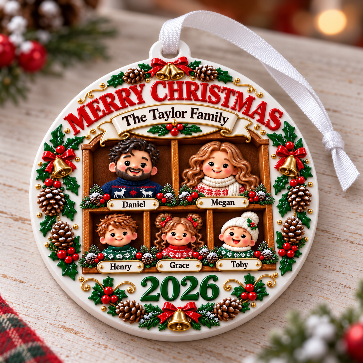 Family of Five Holiday Keepsake Acrylic Medallion with Pinecones - 3D Relief Ornament