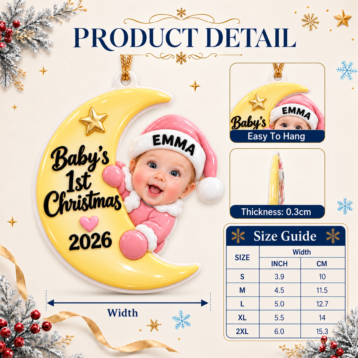 Baby First Christmas Crescent Moon Hanging Keepsake, Pink Holiday Tree Pendant - 3D Relief Ornament