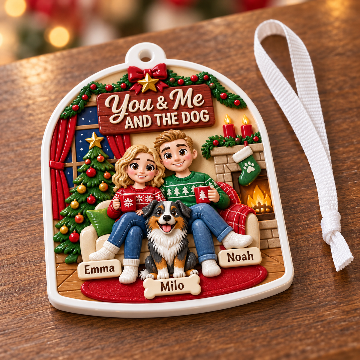 Couple and Dog Christmas Tree Decoration, Arched Fireplace Scene - 3D Relief Ornament