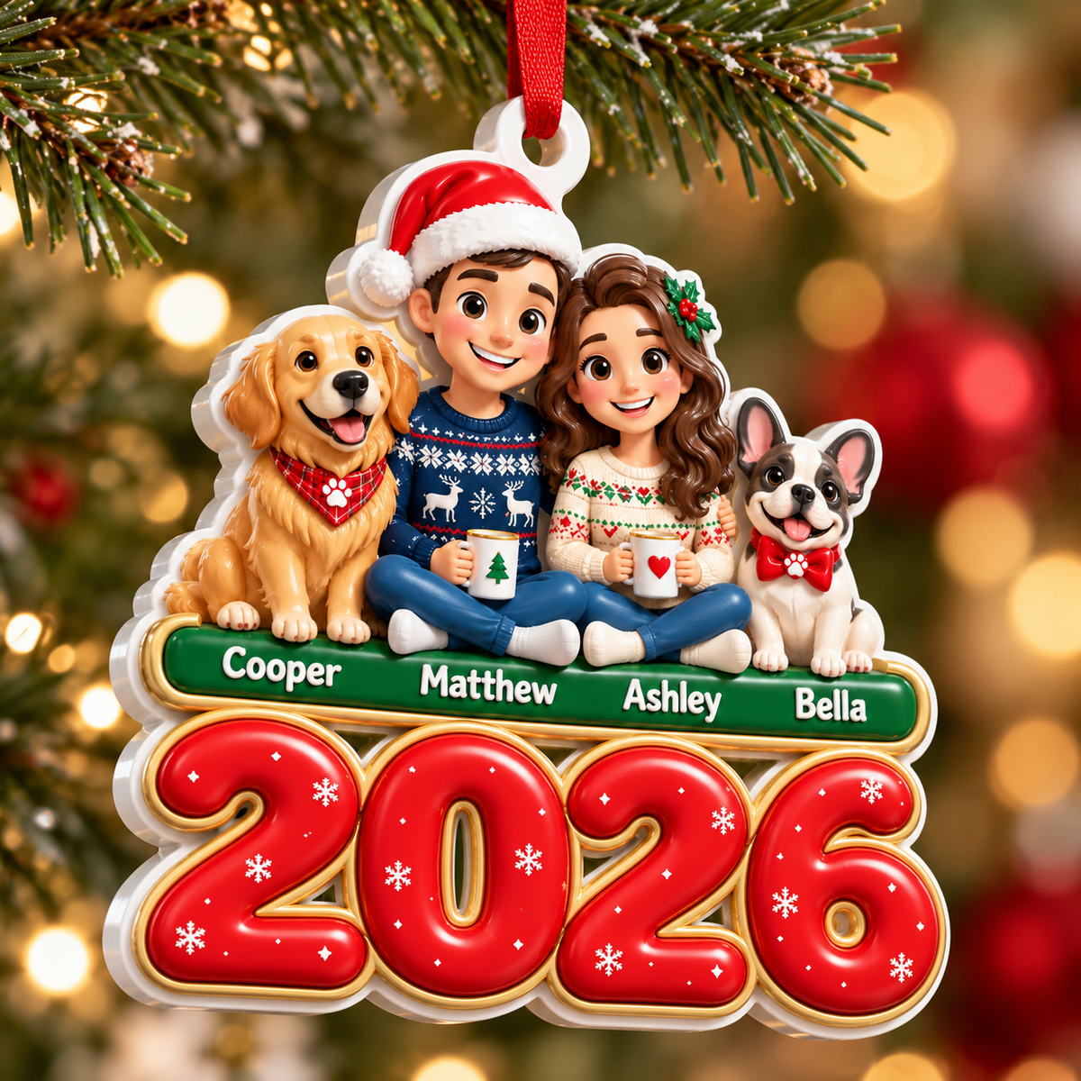 Family Couple and Dogs 2026 Christmas Holiday Tree Hanging Plaque - 3D Relief Ornament