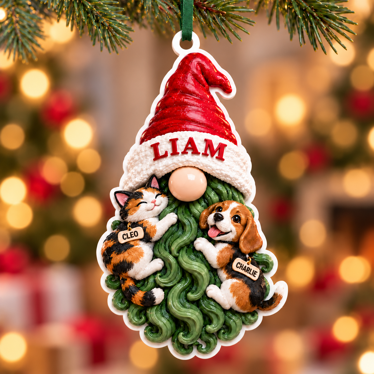 Christmas Gnome with Calico Cat and Beagle Dog Hanging Holiday Decoration - 3D Relief Ornament