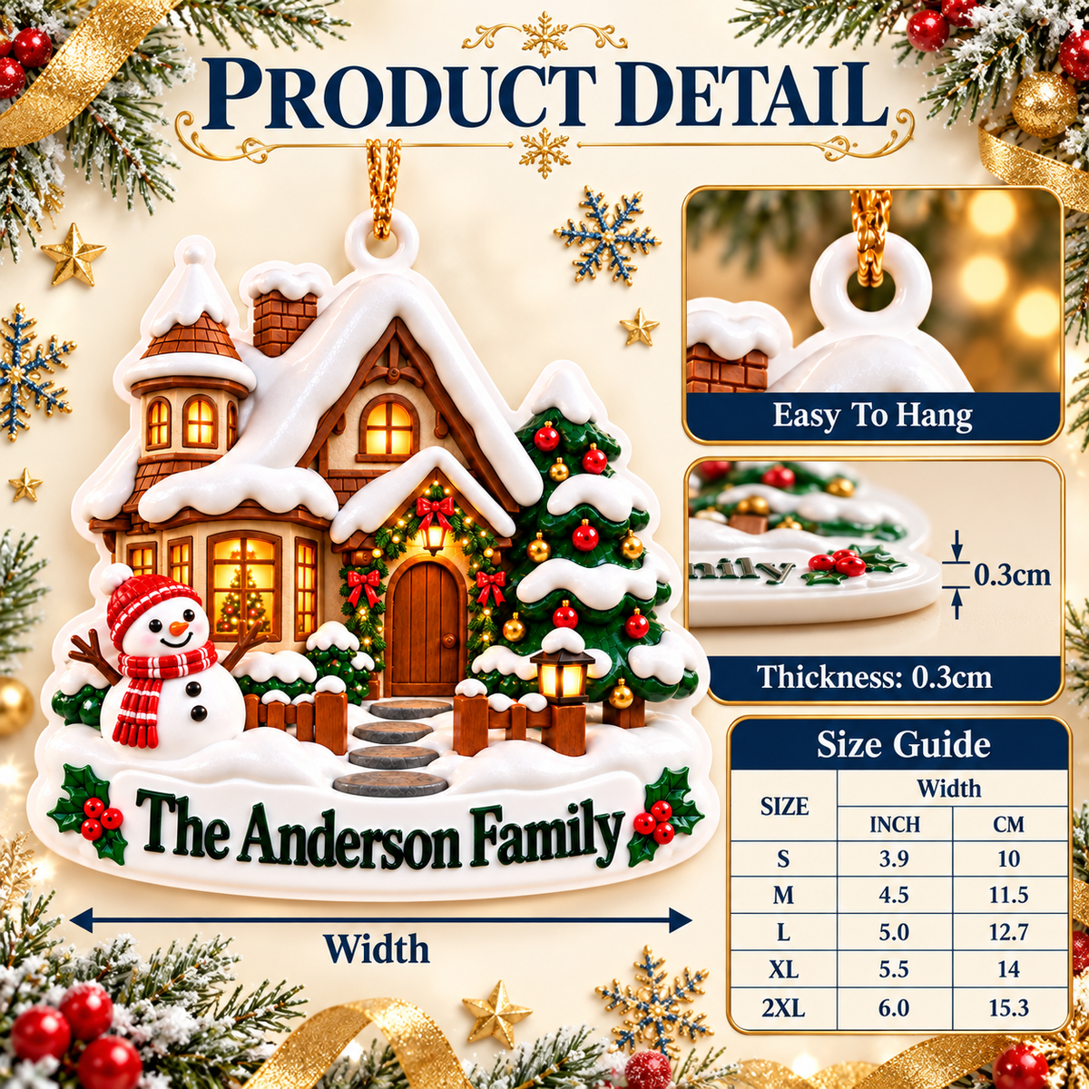 Snowy Winter House with Snowman and Christmas Tree - 3D Relief Ornament