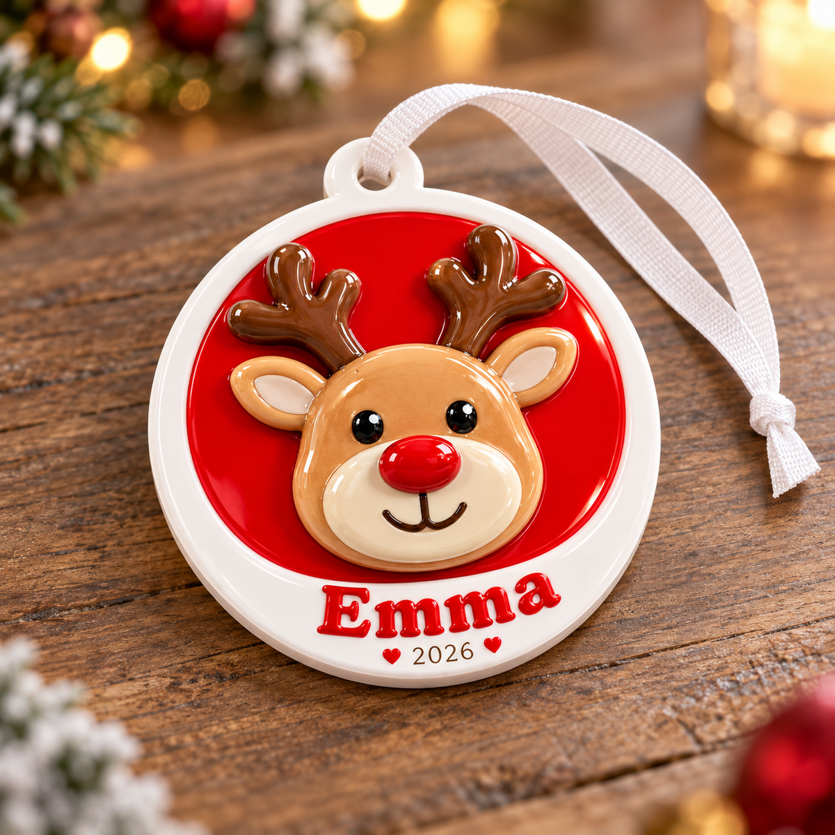Red and White Round Christmas Reindeer Keepsake - 3D Relief Ornament