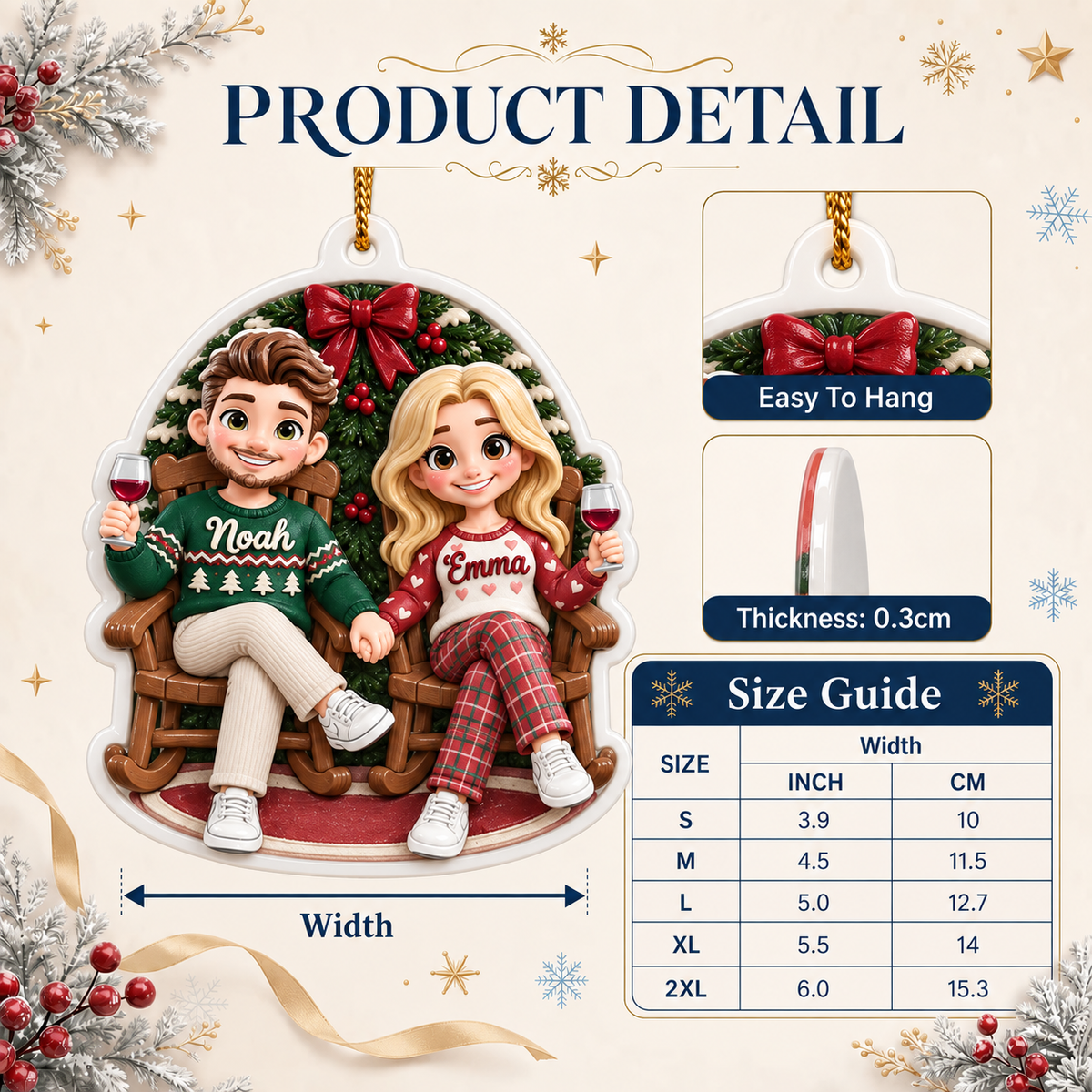Couple in Rocking Chairs Christmas Tree Hanging Decor with Wine and Wreath - 3D Relief Ornament