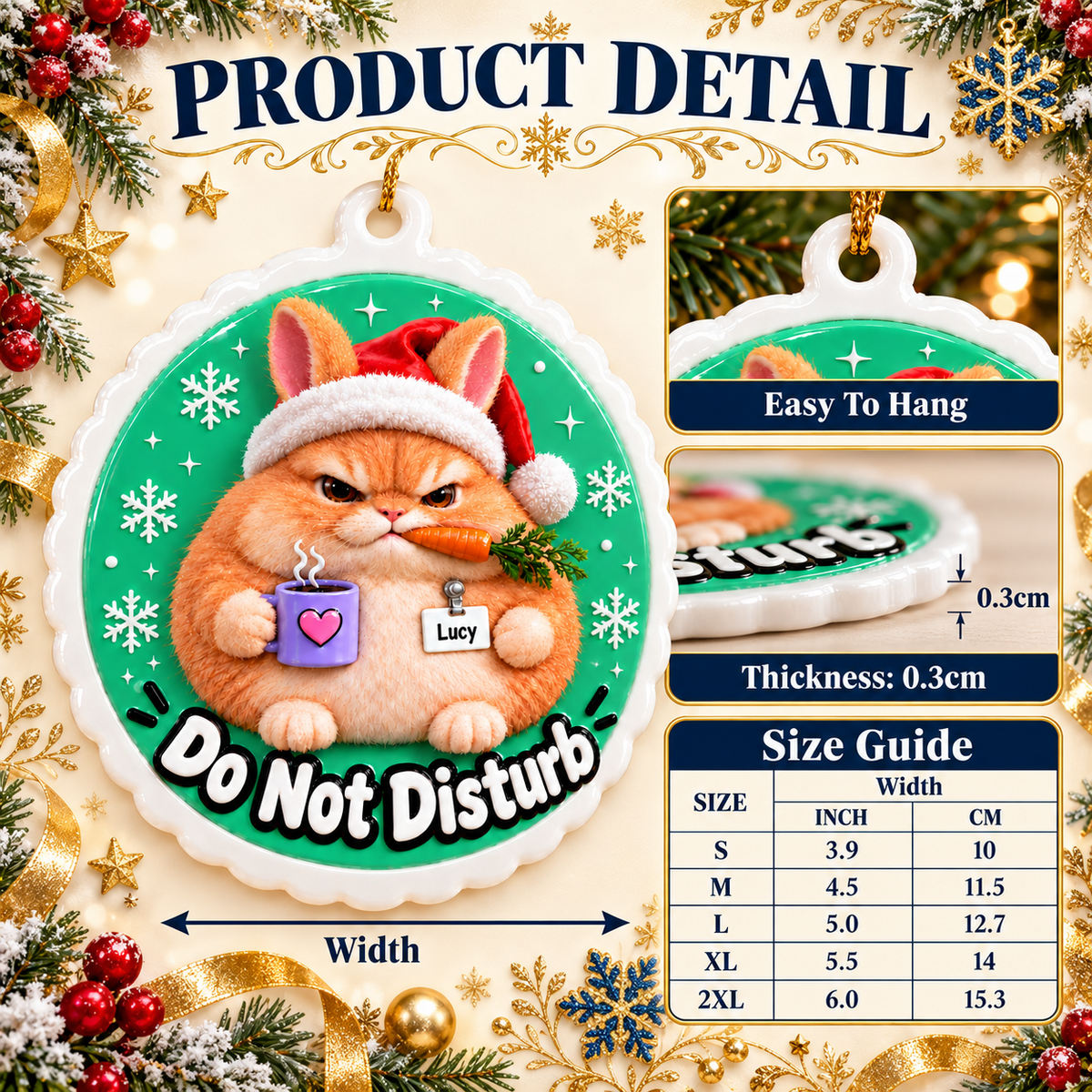 Grumpy Fluffy Bunny in Santa Hat with Coffee Cup Medallion - 3D Relief Ornament