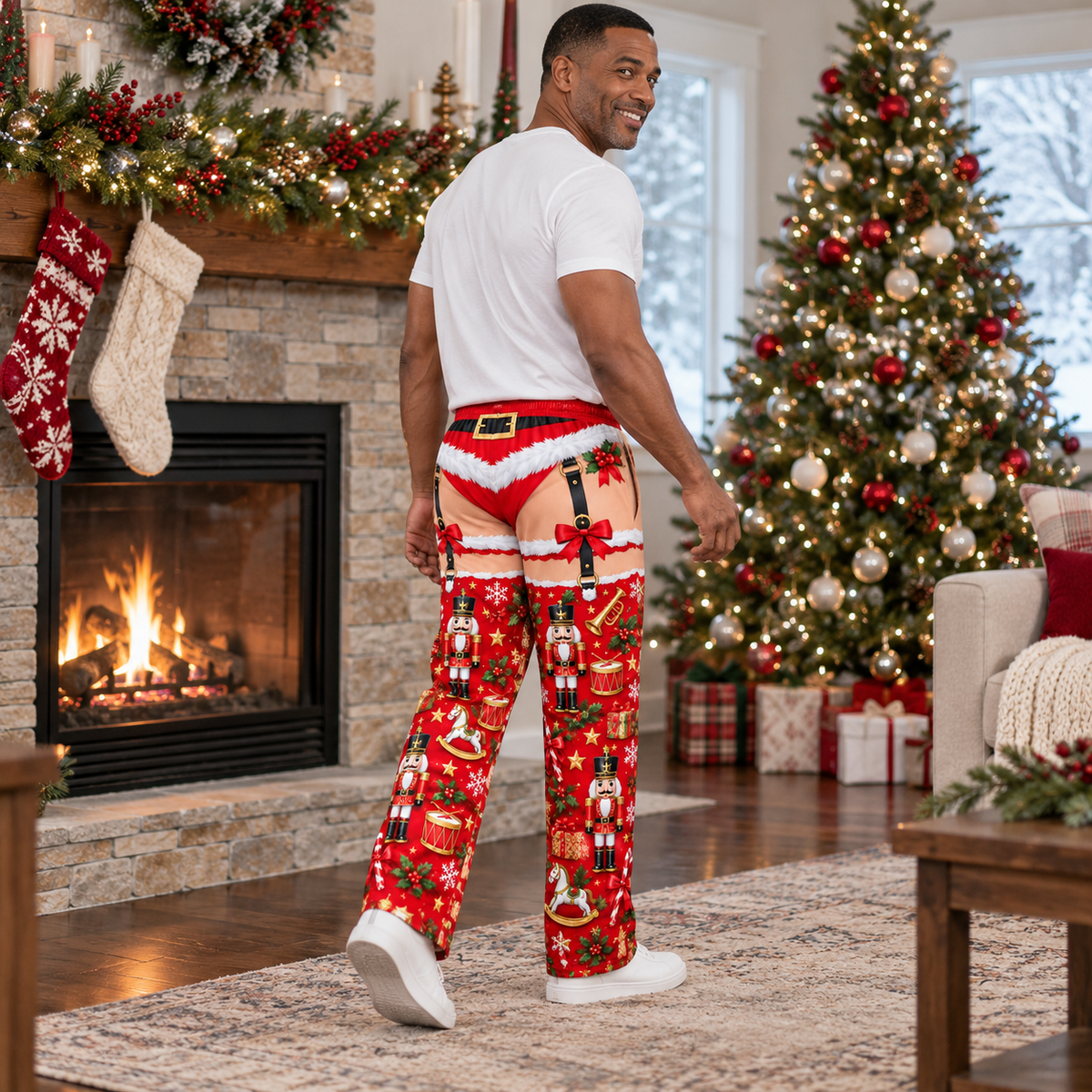 Christmas Pajama Pants Novelty Holiday Garter Print Lounge Trousers