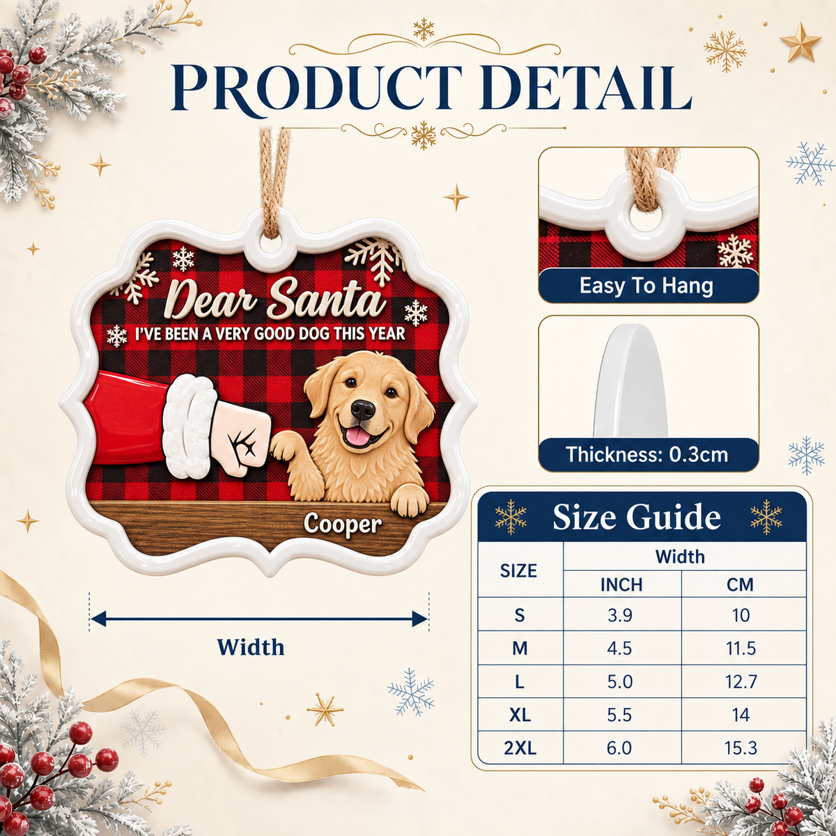 Golden Retriever Santa Fist Bump Red Plaid Holiday Tree Plaque - 3D Relief Ornament