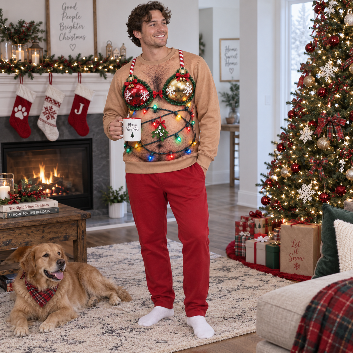 Funny Christmas Sweatshirt Hairy Chest Bikini Graphic Tan Pullover