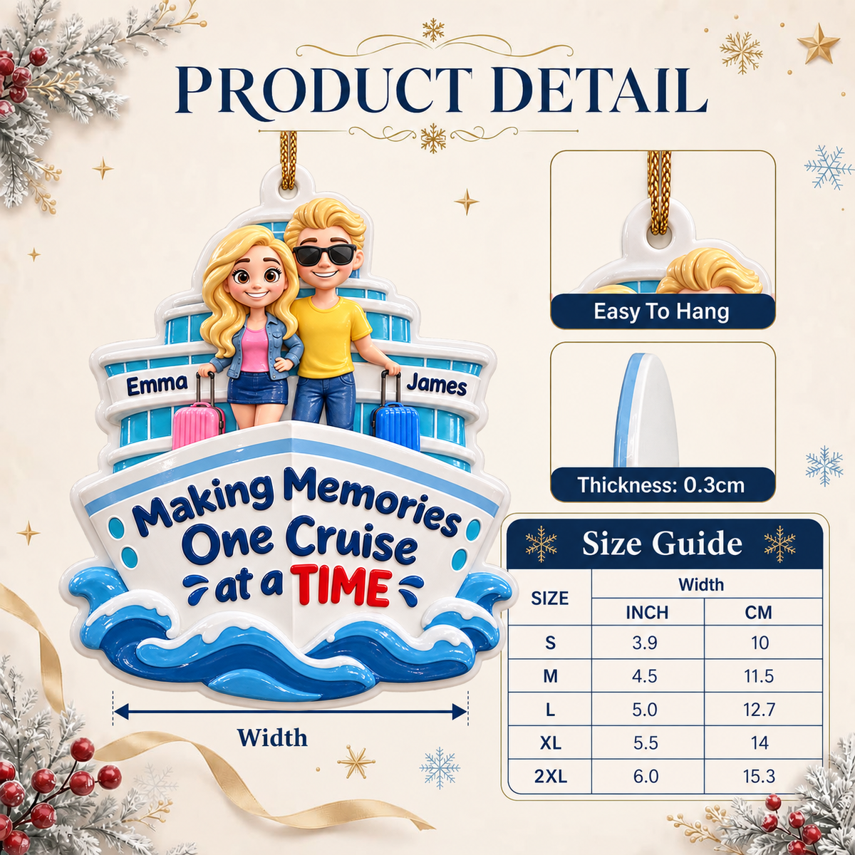 Cruise Ship Couple Vacation Holiday Hanging Decor in Ocean Blue and White - 3D Relief Ornament