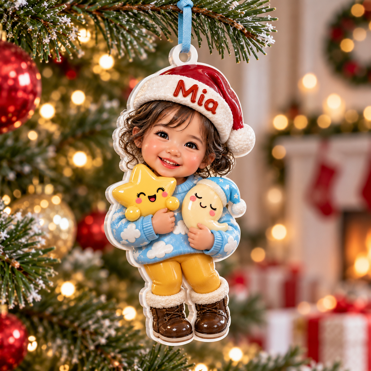 Baby Girl in Santa Hat with Star and Moon Acrylic Holiday Keepsake - 3D Relief Ornament