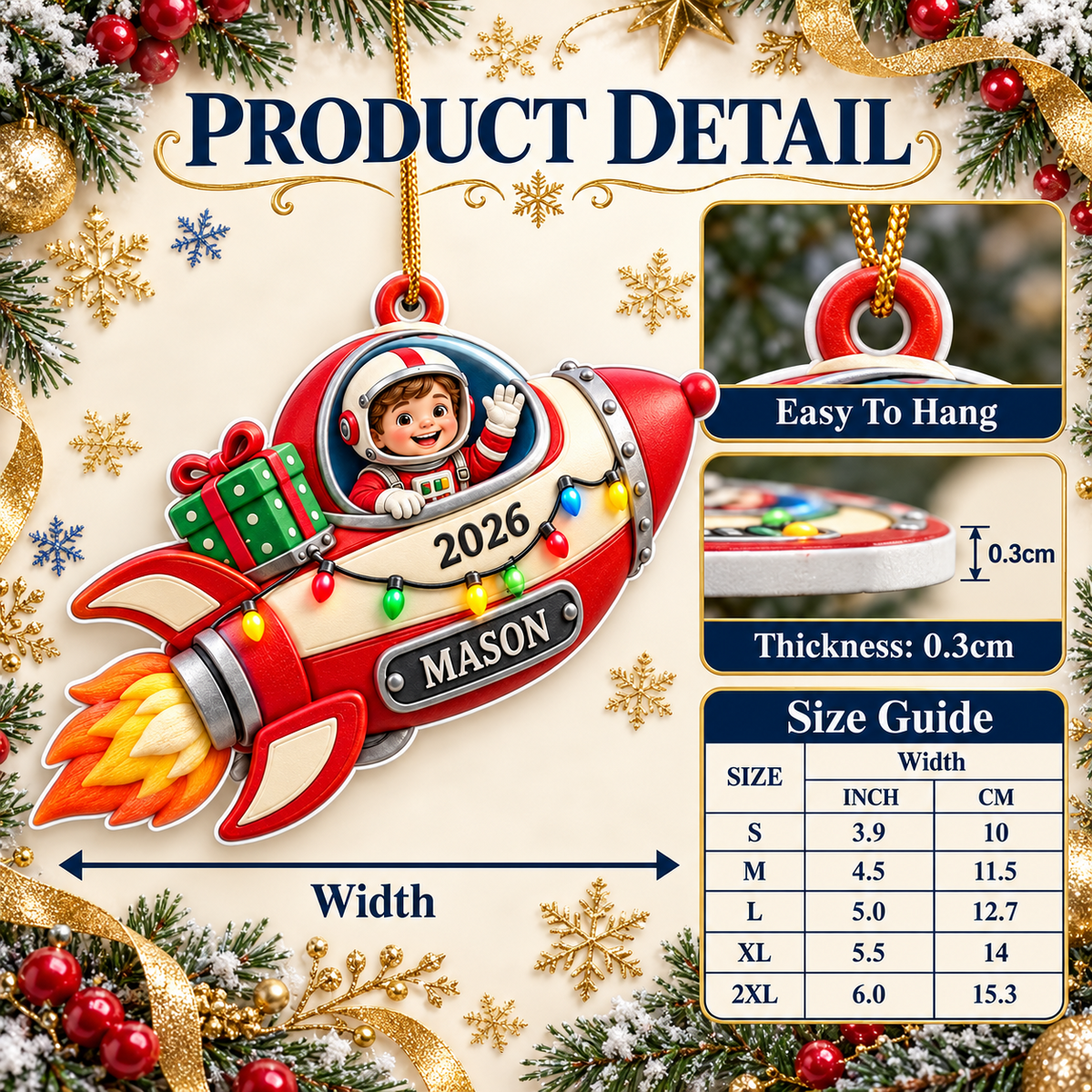 Astronaut Boy Flying Red Rocket Ship Holiday Tree Hanging Decor - 3D Relief Ornament