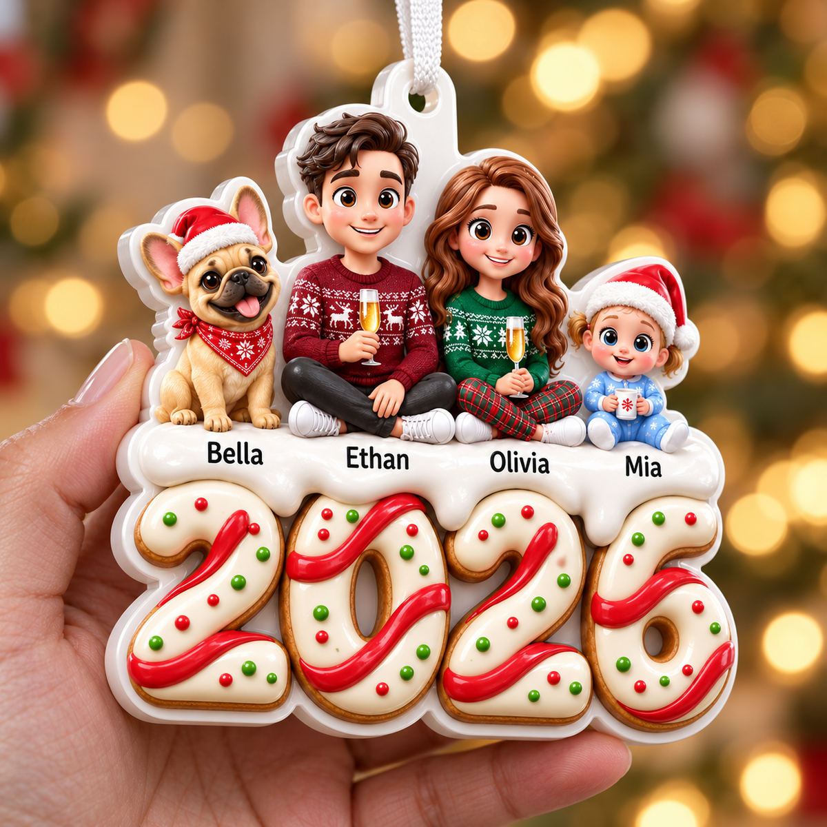Family of Three with Dog 2026 Gingerbread Theme Christmas Tree Hanging Keepsake - 3D Relief Ornament