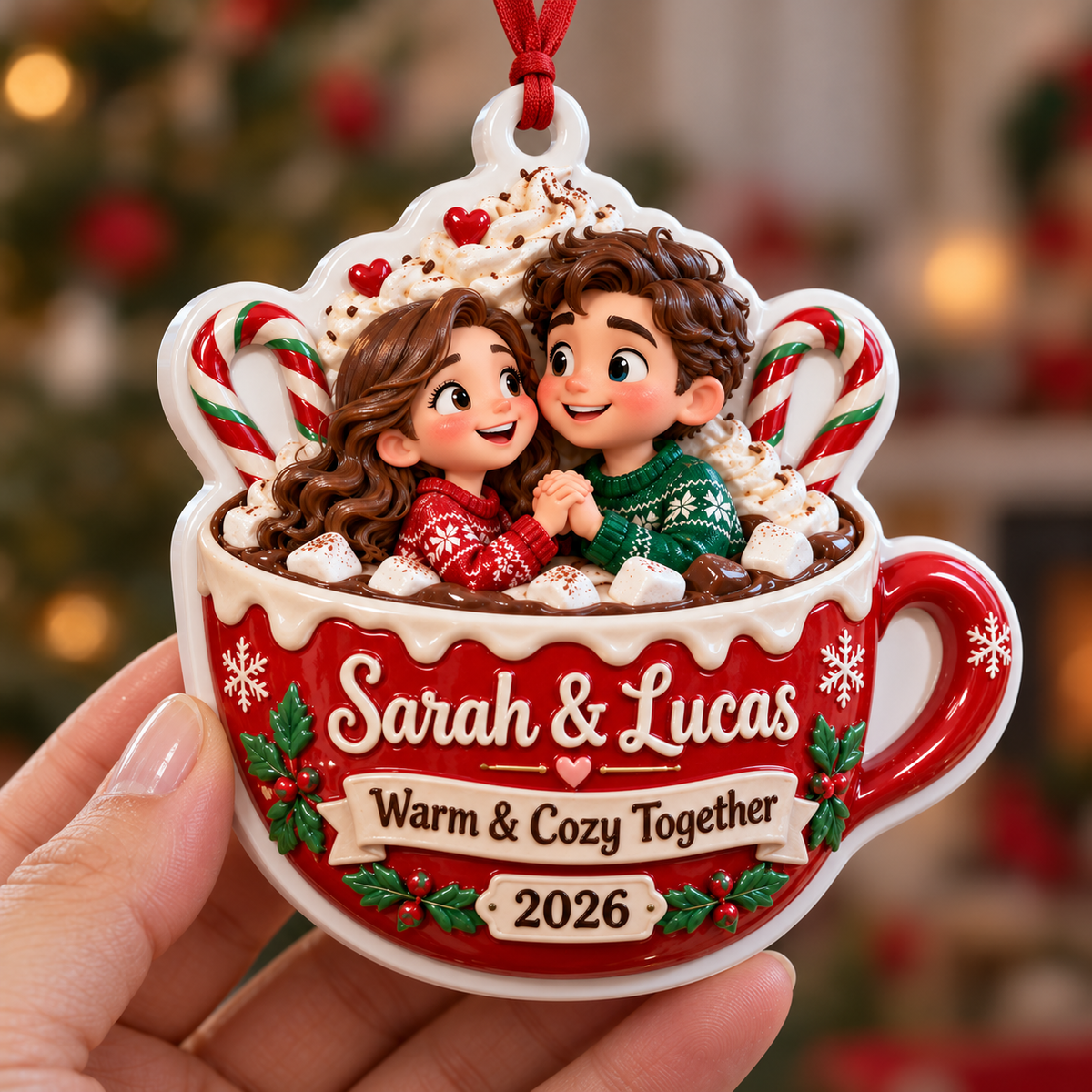 Couple in Hot Cocoa Mug Holiday Tree Hanging Decor - 3D Relief Ornament