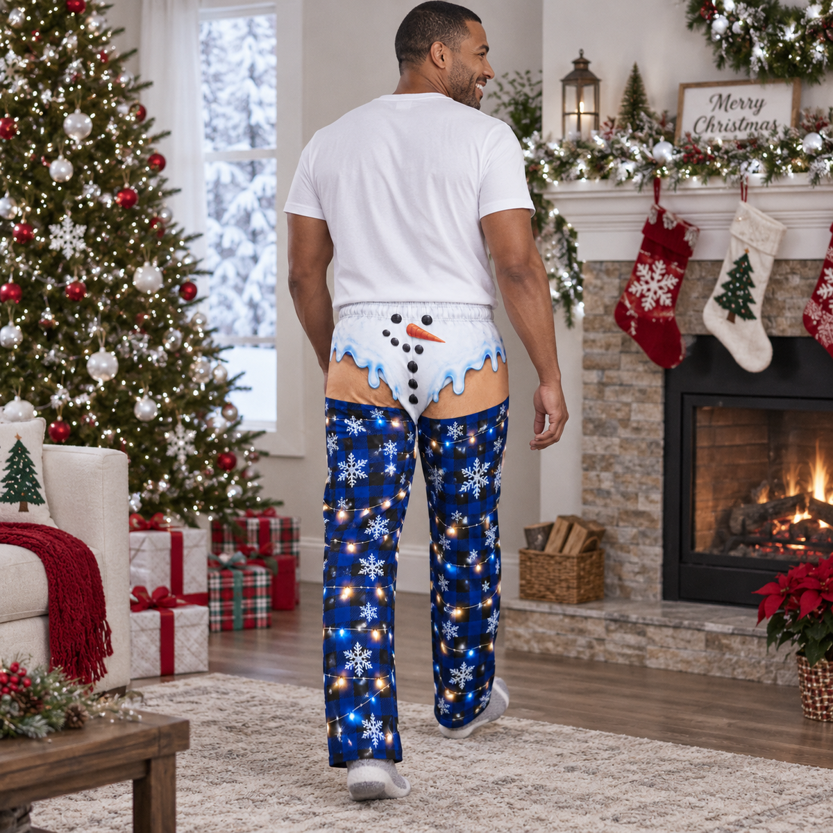Novelty Christmas Pajama Pants, Mens Plaid Holiday Lounge Bottoms