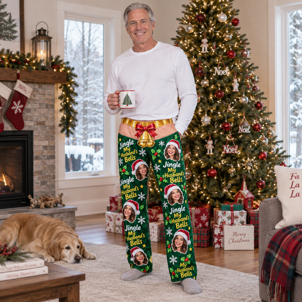 Mens Christmas Pajama Pants Festive Holiday Bell Lounge Bottoms