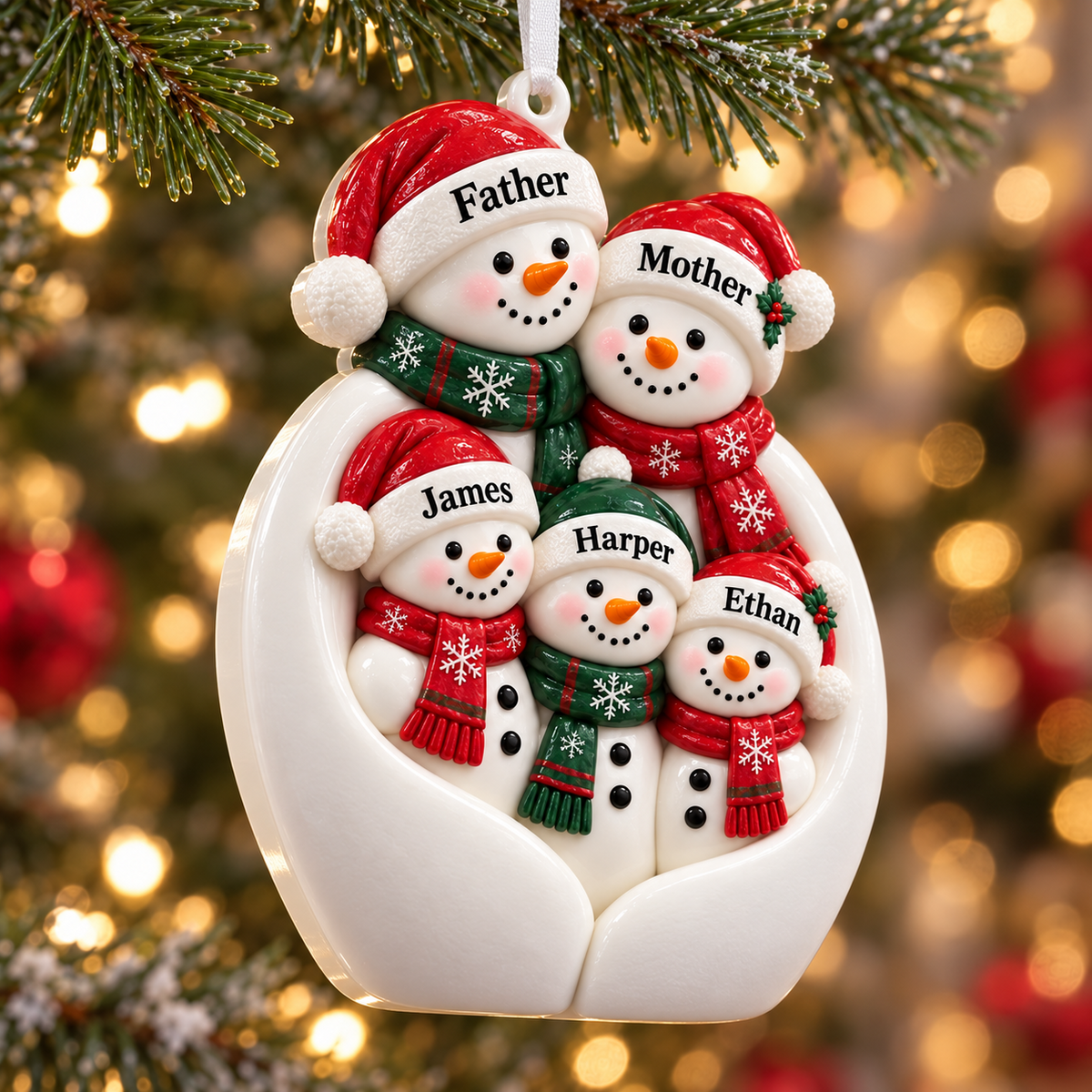 Snowman Family of 5 Hanging Holiday Tree Decoration - 3D Relief Ornament