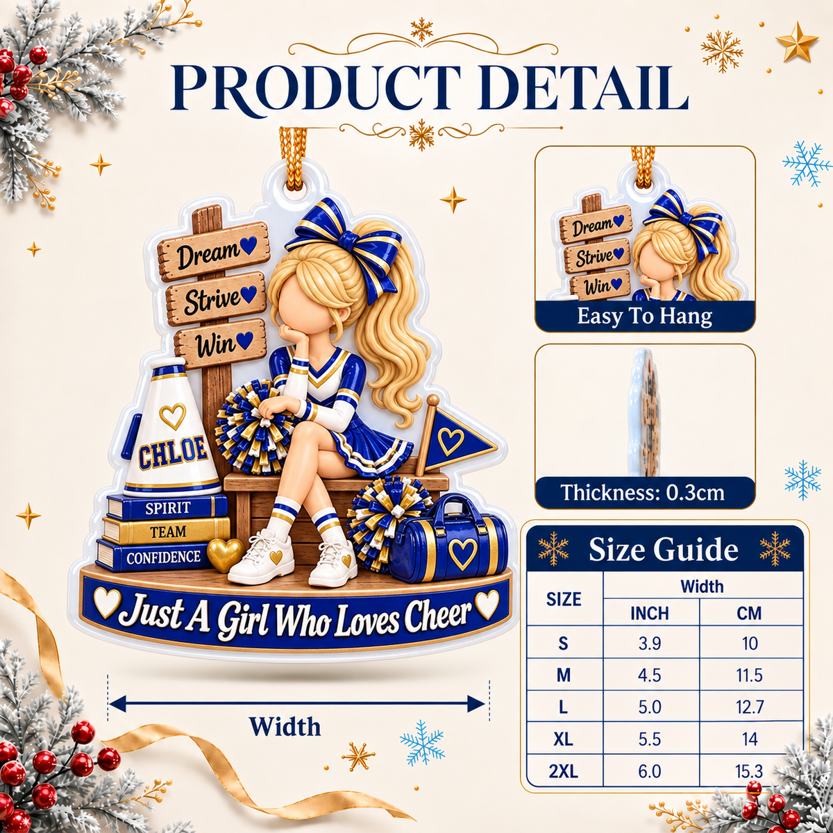 Cheerleading Girl with Megaphone and Pom Poms Acrylic Hanging Holiday Keepsake - 3D Relief Ornament