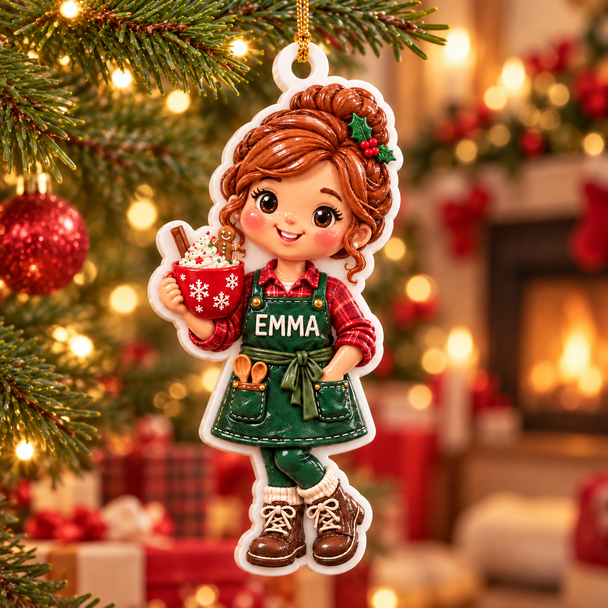 Baking Girl with Hot Cocoa and Green Apron Holiday Tree Decor - 3D Relief Ornament