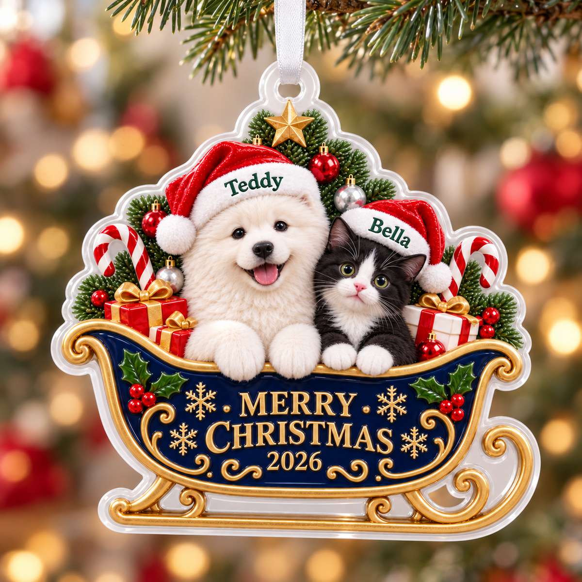 Dog and Cat in Santa Sleigh Acrylic Christmas Holiday Hanging Decoration - 3D Relief Ornament