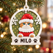 Scowling Orange Cat in Santa Hat Snow Globe Plaque Christmas Tree Hanging - 3D Relief Ornament