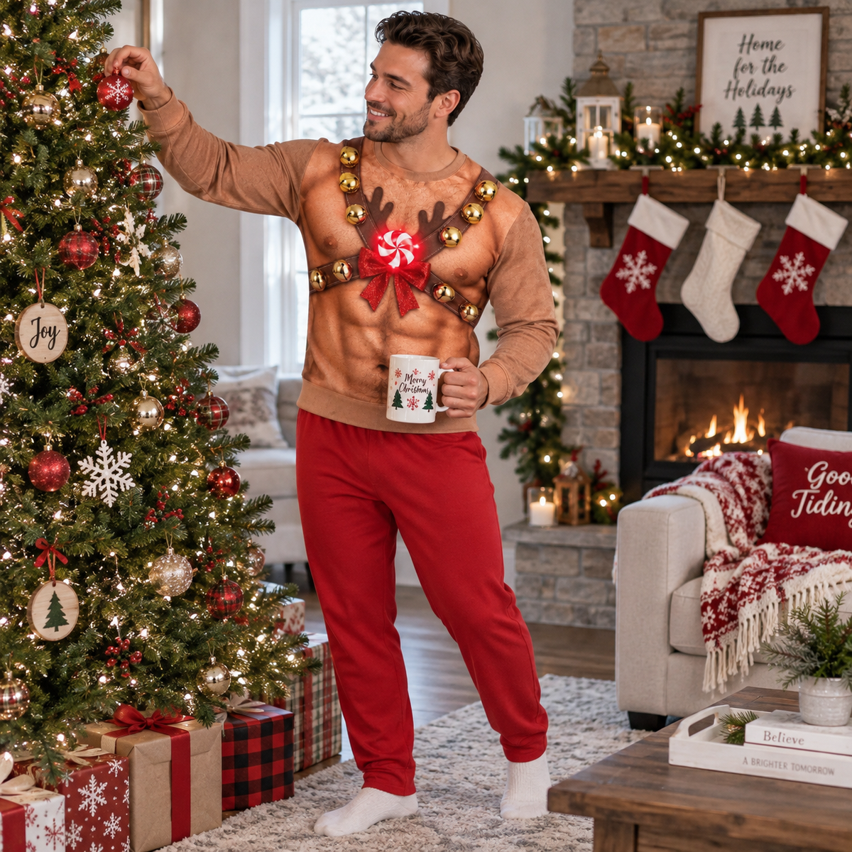 Hairy Chest Christmas Sweatshirt Fake Abs Novelty Holiday Pullover