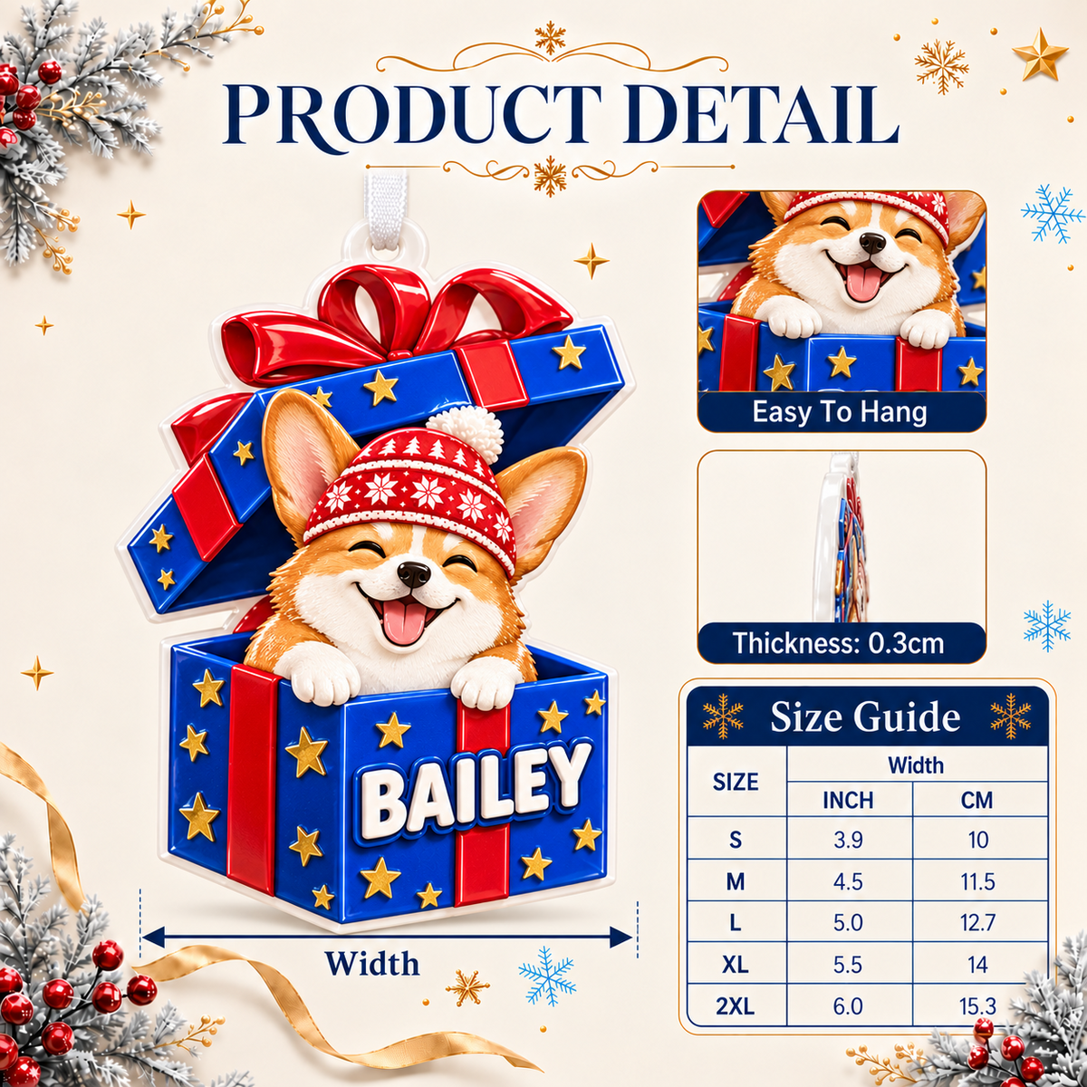 Corgi Dog in Blue Christmas Gift Box Holiday Tree Hanging Decoration - 3D Relief Ornament