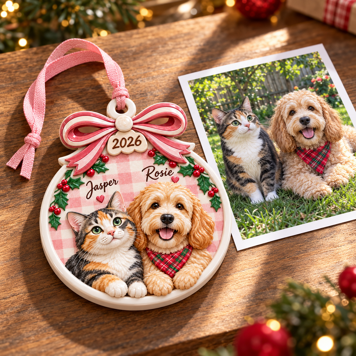 Dog and Cat Holiday Tree Hanging Keepsake with Pink Gingham Bow - 3D Relief Ornament