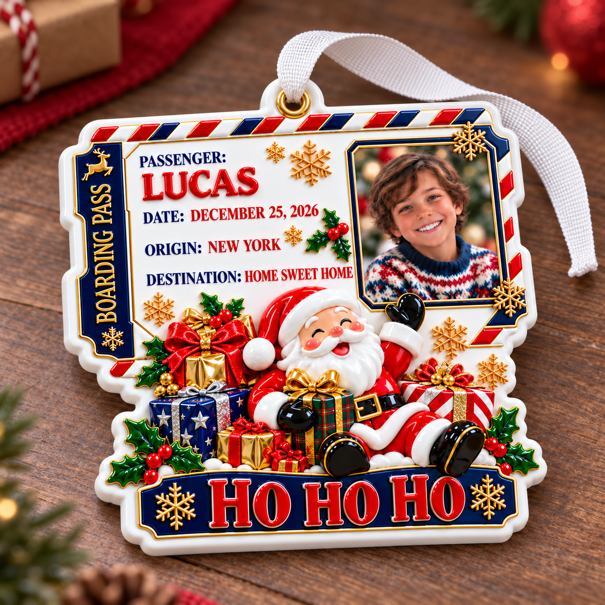Santa Claus Boarding Pass Photo Frame Christmas Holiday Keepsake - 3D Relief Ornament