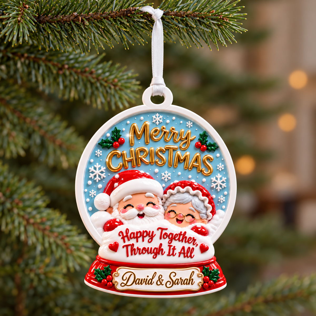 Couple Snow Globe Hanging Holiday Keepsake, Winter Theme Acrylic Medallion - 3D Relief Ornament