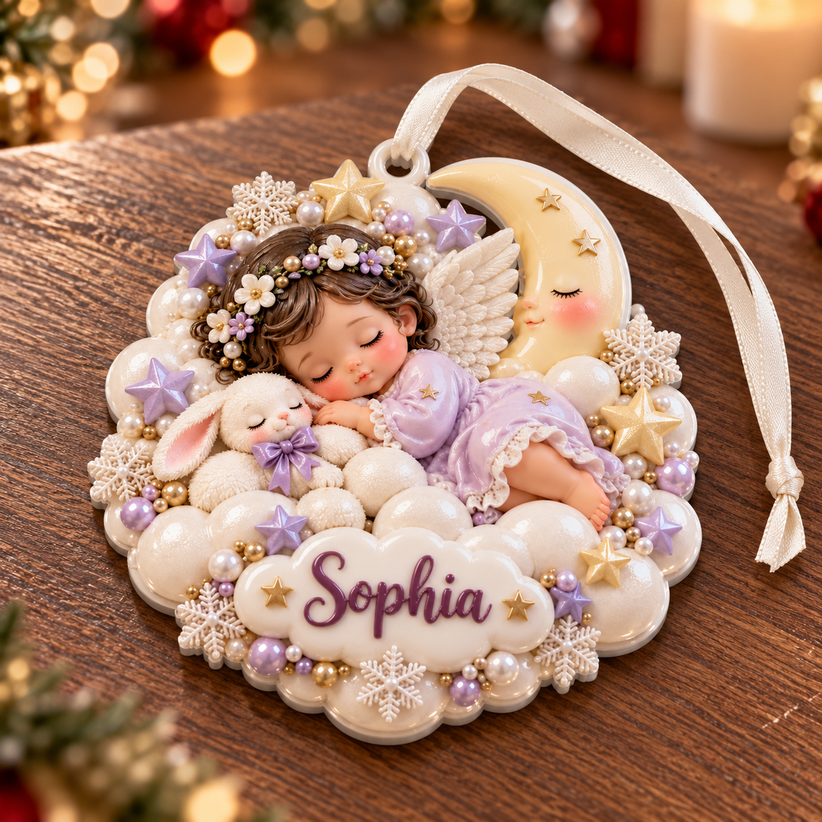 Sleeping Baby Angel with Bunny and Crescent Moon Holiday Keepsake - 3D Relief Ornament