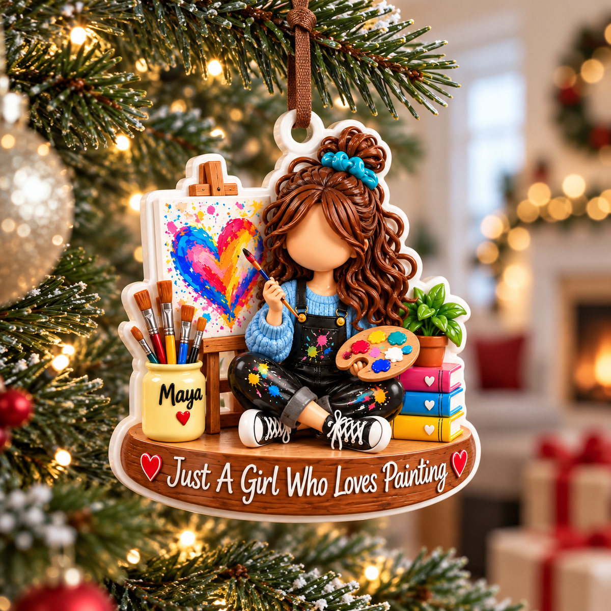 Girl Artist with Easel and Paint Palette Acrylic Hanging Keepsake - 3D Relief Ornament