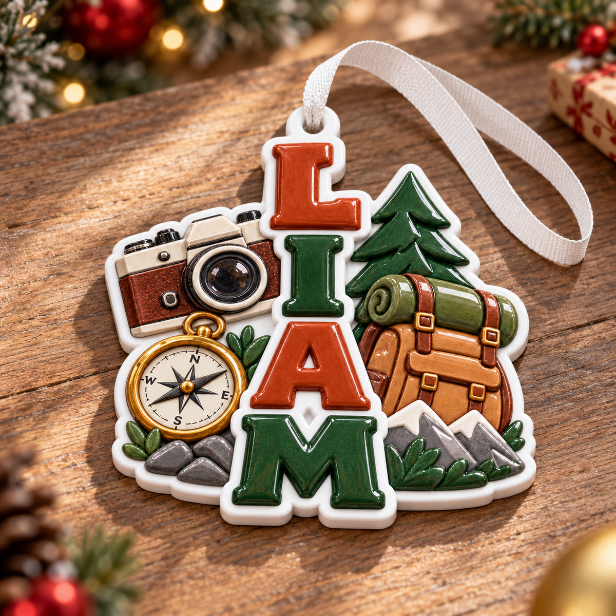Hiking Adventure Ceramic Holiday Keepsake with Camera Compass and Backpack - 3D Relief Ornament
