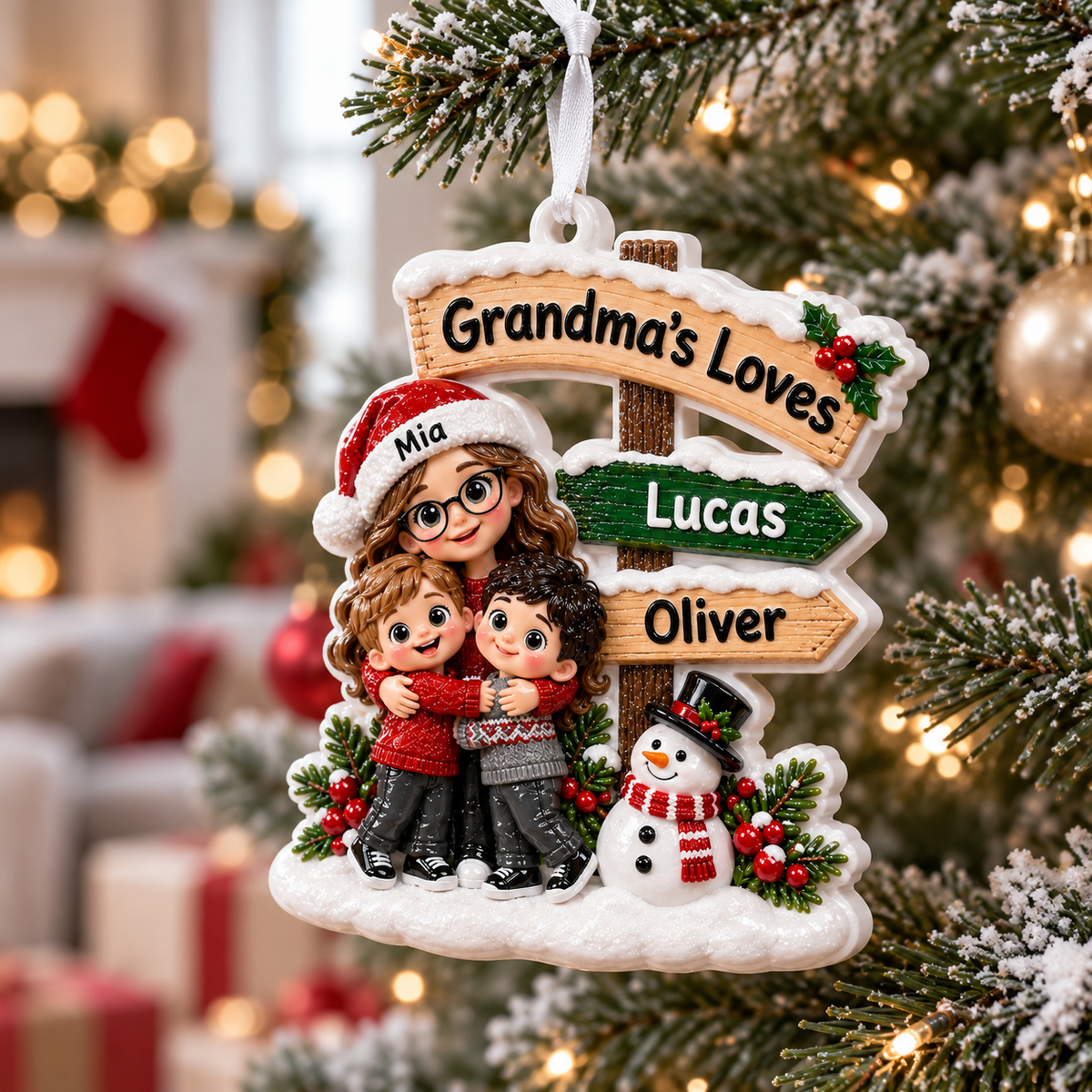 Grandma And Grandkids Directional Sign Winter Holiday Family Keepsake - 3D Relief Ornament
