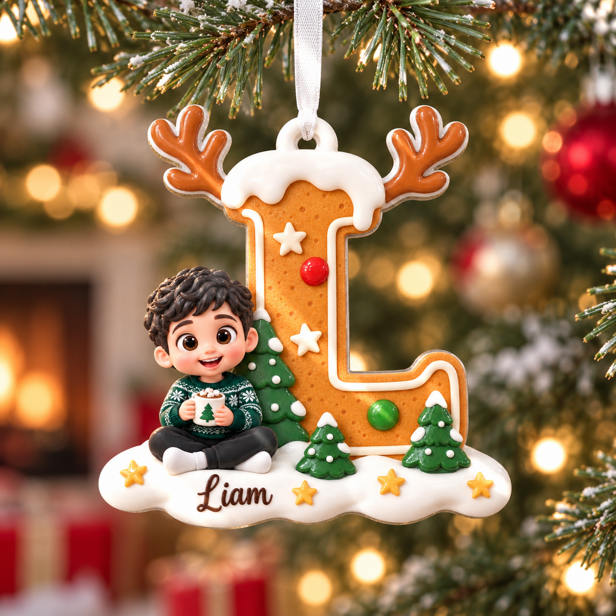 Gingerbread Letter L Holiday Tree Hanging Decor with Reindeer Antlers and Snow - 3D Relief Ornament
